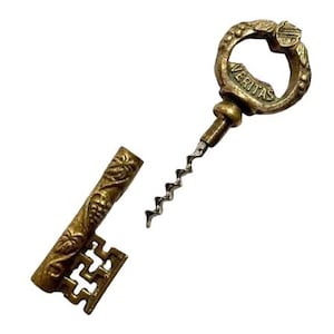 Antique brass corkscrew key shape | In Vino Veritas | Vintage pocket bottle opener ca. 1900 | Wine accessory barware