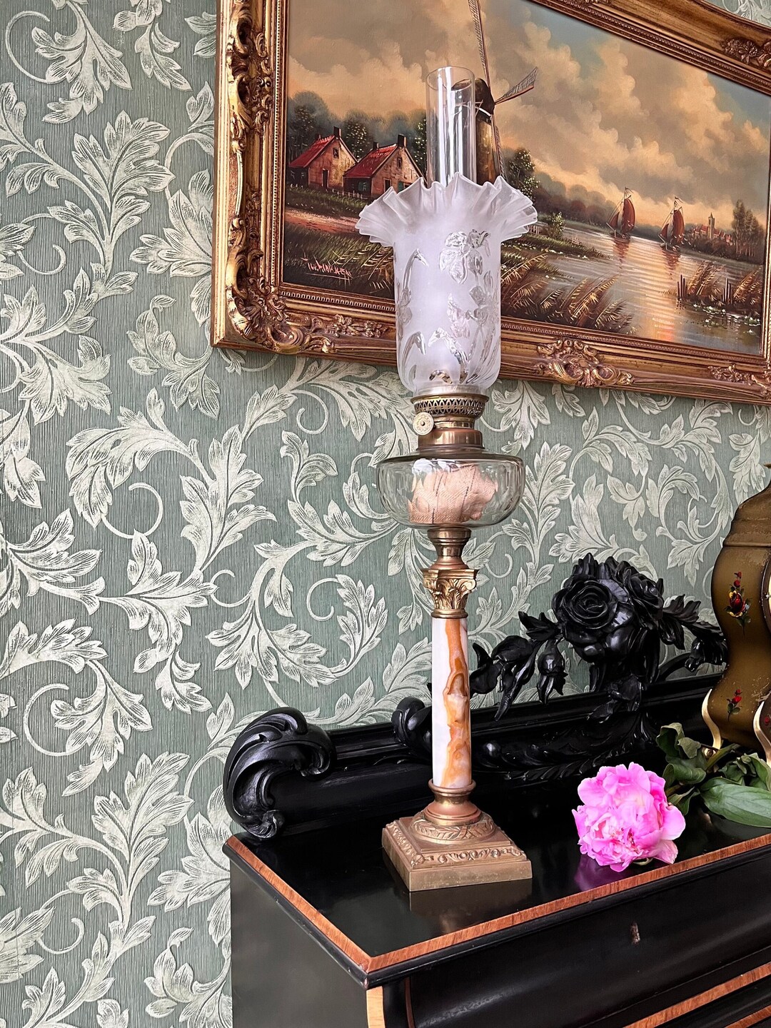 Antique Oil Lamp Petroleum / Kerosene Lamp Etched Glass Etsy