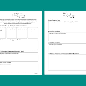 以下が含まれることがあります： 手書きフォントで「My Safety Plan」と題された2ページの安全計画テンプレート。左ページには、警告サイン、トリガー、安全対策、サポートのセクションがあります。右ページには、対処戦略とサポートネットワークのセクションが含まれています。