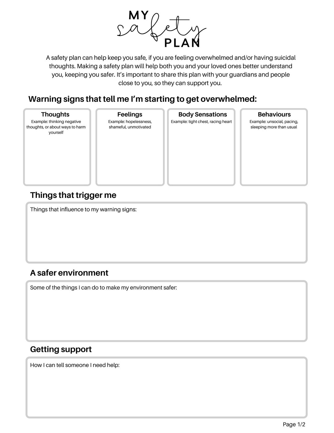 Crisis Safety Plan Mental Health Worksheet Suicidal Etsy UK