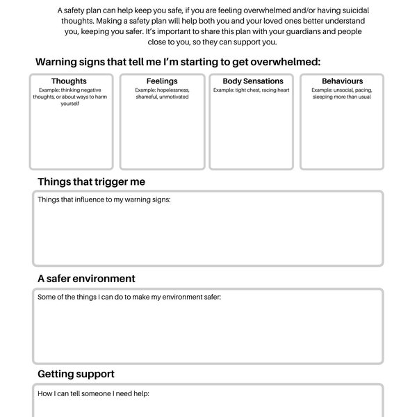 Crisis safety plan | Mental Health Worksheet | Suicidal Thoughts | Therapy Resources