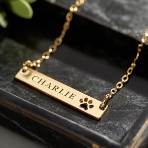 May include: A gold-colored bar necklace with the name "CHARLIE" engraved on it, along with a paw print. The necklace is displayed on a dark, textured surface, with a chain attached to the bar.