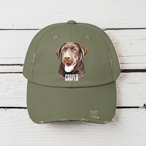 Custom olive-green baseball cap featuring a portrait of a chocolate Labrador named 'Cooper,' perfect for personalized gifts for dog moms, dads, or pet lovers.