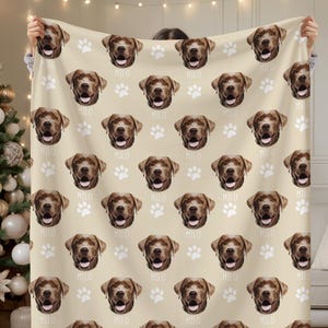 Personalized custom pet photo blanket featuring repeating dog face, name ‘Milo,’ and paw prints — cozy custom dog lover gift displayed in holiday living room.