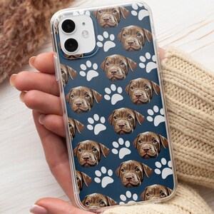 May include: A clear phone case with a blue background and a repeating pattern of white paw prints and brown dog faces.