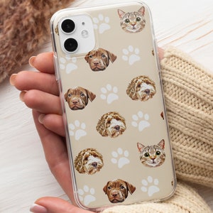 May include: A clear phone case with a tan background and white paw prints. The case features a repeating pattern of dog and cat faces.