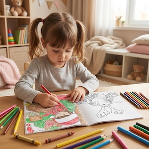 May include: A young girl with pigtails colors in a Christmas-themed coloring book with a red crayon. Colored pencils in various colors are scattered on the wooden table. The scene is set in a brightly lit room with a window and shelves.