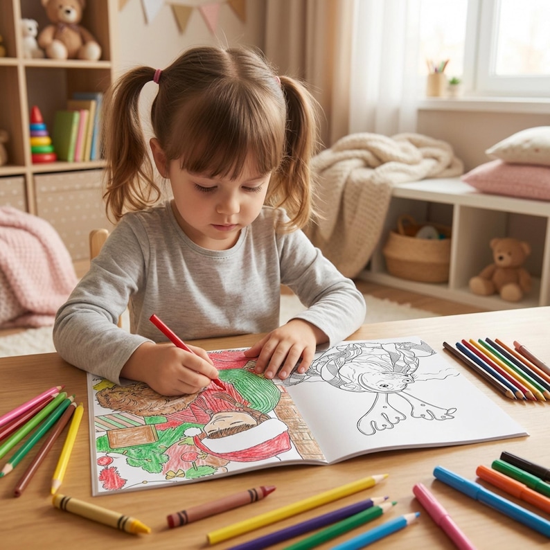 May include: A young girl with pigtails colors in a Christmas-themed coloring book with a red crayon. Colored pencils in various colors are scattered on the wooden table. The scene is set in a brightly lit room with a window and shelves.