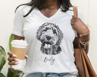 Custom dog Portrait from photo V-Neck T-Shirt, Personalized dog mom dad tee, Dog Mom Gift idea, Custom Pet Photo, made in USA