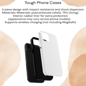 May include: A white phone case with a black phone case behind it. The phone cases are designed to protect phones from impact and shock. The text on the image reads: "Tough Phone Cases 2-piece design with impact resistance and shock dispersion Materials: polycarbonate (shell), TPU (lining) Interior rubber liner for extra protection (appearance may vary across phone models) Supports wireless charging (not including MagSafe)"