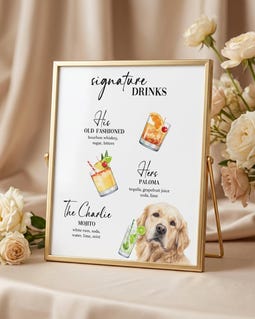 Custom Watercolor Pet Signature Wedding Drink Sign with stand, Personalized Dog Cat Signature Drinks Plaque, Cocktail Bar Sign, his and hers By Uveprint Designed by uveprint Shop owned by Erika 4 years on Etsy