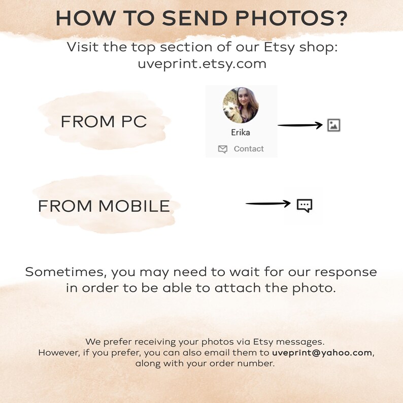 May include: How to send photos for an Etsy order. Instructions for sending photos from a computer or mobile device. Contact Erika at uveprint.etsy.com or uveprint@yahoo.com.