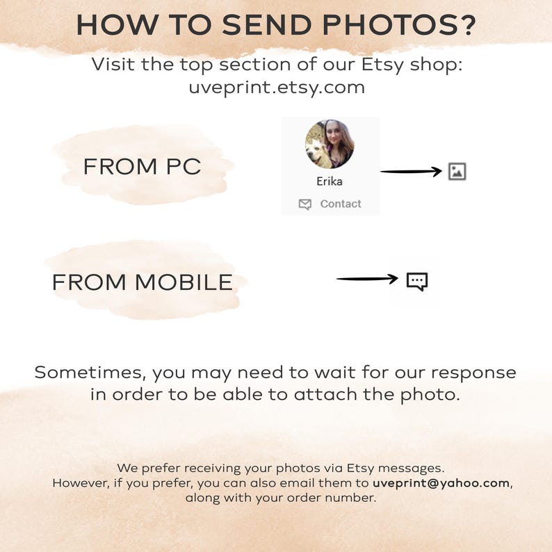May include: How to send photos for an Etsy order. Instructions for sending photos from a computer or mobile device. Contact Erika at uveprint.etsy.com or uveprint@yahoo.com.