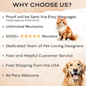 May include: An informational graphic titled WHY CHOOSE US? featuring a list of service benefits including proof via Etsy messages, unlimited revisions, 5000+ five-star reviews, a dedicated design team, customer service, and a golden retriever and cat.