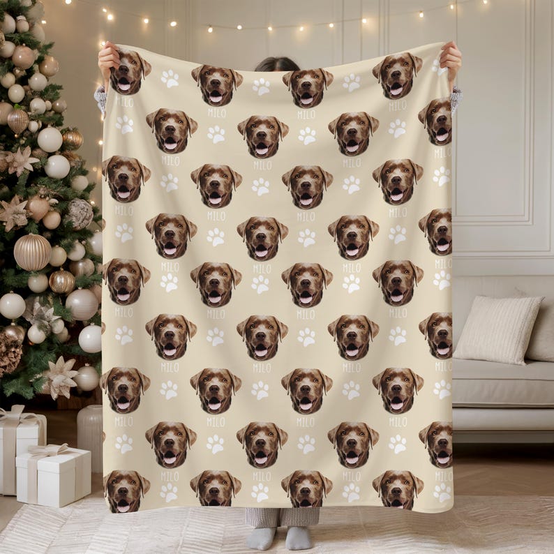 Personalized custom pet photo blanket featuring repeating dog face, name ‘Milo,’ and paw prints — cozy custom dog lover gift displayed in holiday living room.