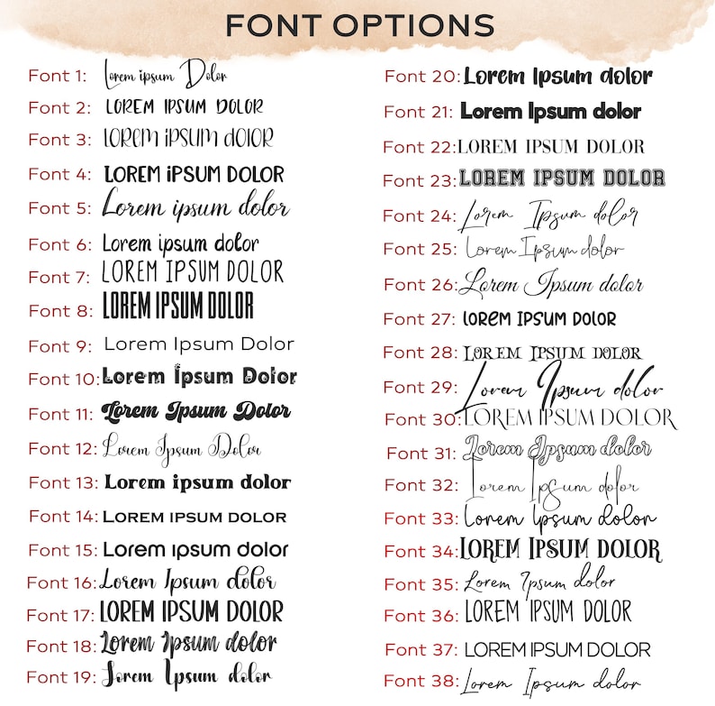 May include: A graphic showcasing 38 different font options, each labeled with a number and the text "Lorem Ipsum Dolor." The fonts vary in style, including serif, sans-serif, and script, with examples in both uppercase and lowercase.
