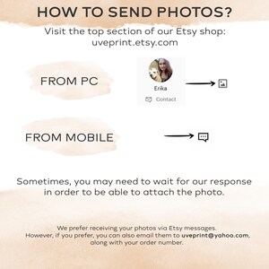 May include: How to send photos for an Etsy order. Instructions for sending photos from a computer or mobile device. Contact Erika at uveprint.etsy.com or uveprint@yahoo.com.