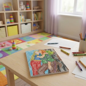 May include: A colorful drawing of two people embracing, with one kissing the other on the cheek. The drawing is on a white background and is surrounded by crayons and pencils on a wooden table. A child's drawing.