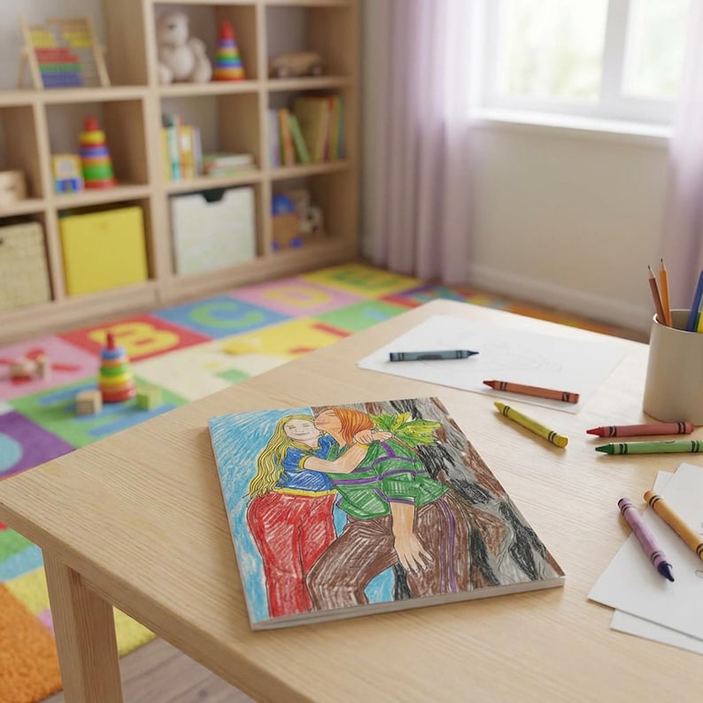 May include: A colorful drawing of two people embracing, with one kissing the other on the cheek. The drawing is on a white background and is surrounded by crayons and pencils on a wooden table. A child's drawing.