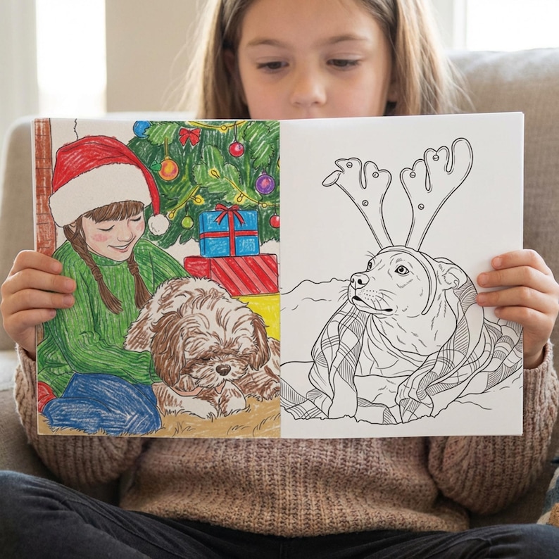 May include: A coloring book open to two pages. One page shows a girl in a Santa hat and green sweater with a dog and Christmas tree. The other page shows a dog wearing reindeer antlers and a plaid blanket.
