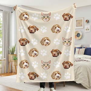 Cozy beige blanket featuring adorable portraits of dogs and cats interspersed with white paw prints. A personalized pet photo blanket displayed in a stylish bedroom setting, perfect for animal lovers.