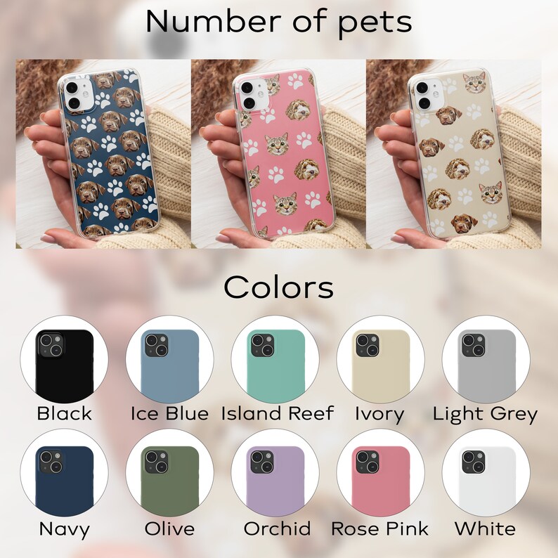May include: A selection of phone cases with different colors and patterns. The cases feature paw prints and images of dogs and cats. The colors include black, ice blue, island reef, ivory, light grey, navy, olive, orchid, rose pink, and white.