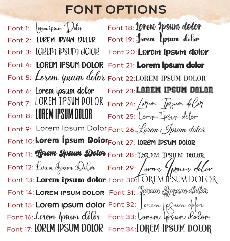 May include: A graphic showing 34 different font styles for the text "Lorem Ipsum Dolor". The fonts range from casual script to bold and blocky.