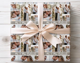 Custom Wedding Photo Wrapping Paper Up to 8 photos, Personalized wedding Gift Wrap, Custom bride groom Gift, Personalized Mr & Mrs Names uve