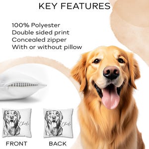 May include: Two white pillowcases with a black and white line drawing of a golden retriever dog on each side. The pillowcases have the name "Charlie" printed on them. The pillowcases are shown against a background of a golden retriever dog.