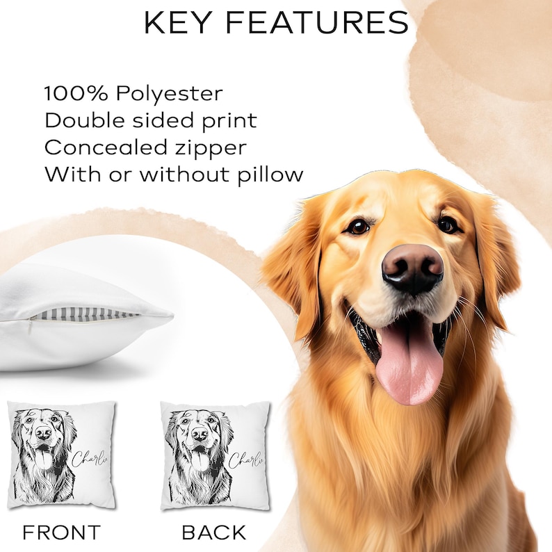 May include: Two white pillowcases with a black and white line drawing of a golden retriever dog on each side. The pillowcases have the name "Charlie" printed on them. The pillowcases are shown against a background of a golden retriever dog.