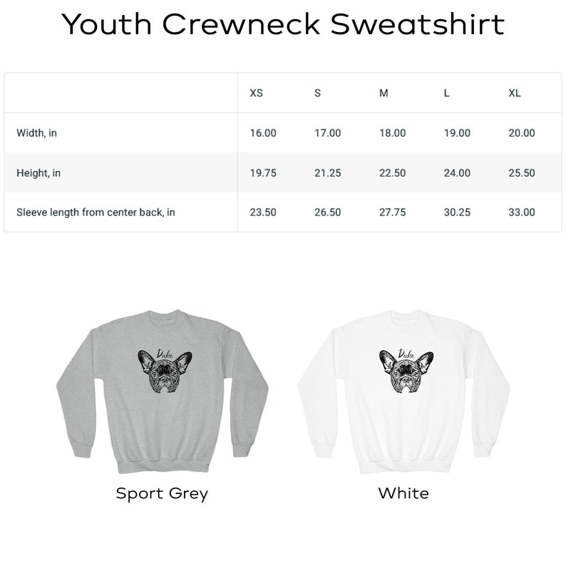 K&ouml;nnte beinhalten: Ein Crewneck-Sweatshirt in Kindergr&ouml;&szlig;e mit einem franz&ouml;sischen Bulldoggen-Motiv und dem aufgedruckten Namen "Duke". Das Sweatshirt ist in zwei Farben erh&auml;ltlich: Sportgrau und Wei&szlig;. Die Gr&ouml;&szlig;entabelle zeigt die Ma&szlig;e in Zoll f&uuml;r XS, S, M, L und XL.