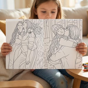 May include: A coloring book held by a child, featuring two illustrations of people embracing. One shows two figures hugging with fall foliage, the other shows a kiss. The drawings are in black and white.