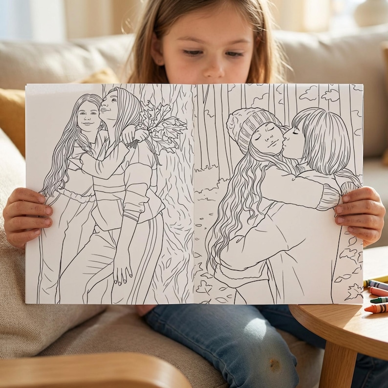 May include: A coloring book held by a child, featuring two illustrations of people embracing. One shows two figures hugging with fall foliage, the other shows a kiss. The drawings are in black and white.
