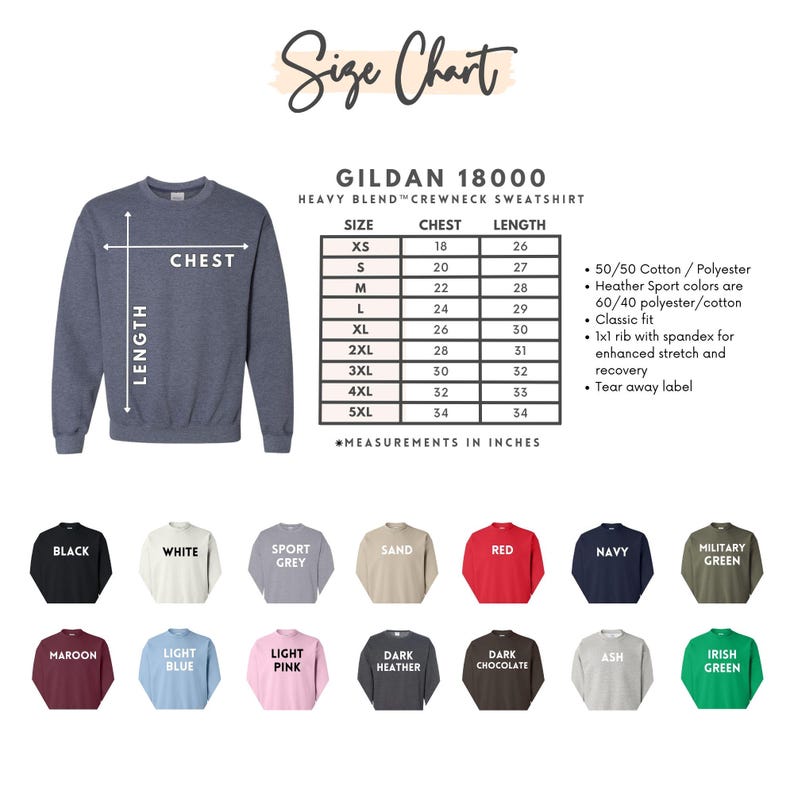 K&ouml;nnte beinhalten: Gr&ouml;&szlig;entabelle f&uuml;r Gildan 18000 Heavy Blend Crewneck Sweatshirts. Die Tabelle zeigt Brust- und L&auml;ngenma&szlig;e in Zoll f&uuml;r die Gr&ouml;&szlig;en XS bis 5XL. Die Tabelle enth&auml;lt auch Informationen &uuml;ber die Stoffmischung und die Passform. Das Bild zeigt eine Vielzahl von Sweatshirt-Farben, darunter Schwarz, Wei&szlig;, Sportgrau, Sand, Rot, Marine, Milit&auml;rgr&uuml;n, Rotbraun, Hellblau, Hellrosa, Dunkelgrau, Dunkelbraun, Aschgrau und Irischgr&uuml;n.