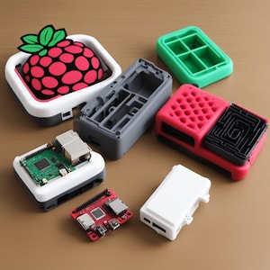 Può includere: Assortimento di custodie per Raspberry Pi in vari colori e design, tra cui una custodia bianca con un'immagine di lampone, una custodia grigia con scomparti, una custodia rossa con un motivo a nido d'ape, una custodia bianca con una superficie liscia e una custodia rossa e nera con un motivo a griglia.