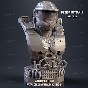 May include: A grey 3D printed bust of Master Chief from the Halo video game series. The bust is wearing a helmet and armour with the number "117" on the chest. The bust is standing on a base with the word "HALO" printed on it. The base also has the text "SANIX3D.COM" and "PATREON.COM/MALIX3DESIGN" printed on it.