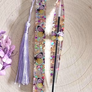 Resin glitter and gold leaf and butterfly wings bookmark and matching pen