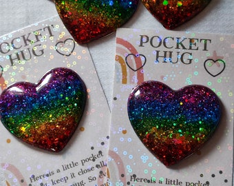 Resin rainbow sparkle glitter pocket hug heart token