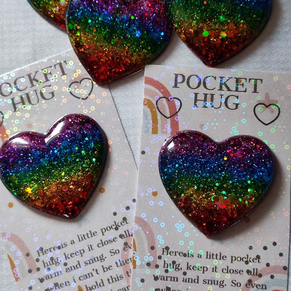 Resin rainbow sparkle glitter pocket hug heart token