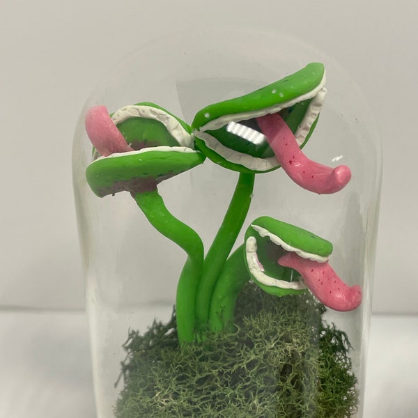 Venus flytrap, plants , miniature clay sculptures ,spooky terrariums, man eating plants