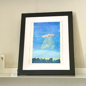 Ufo, mountains, aliens, glow in the dark, sci-fi, UAP, flying  saucer, paintings,prints