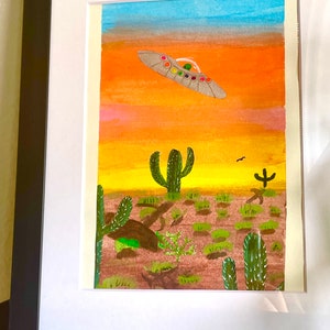 Alien flying saucer, desert, ufo, glow in the dark, uap painting, prints, extraterrestrial