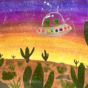 Aliens, UFO wall art, Dessert, Painting, Prints, glow in the dark, flying saucer wall art