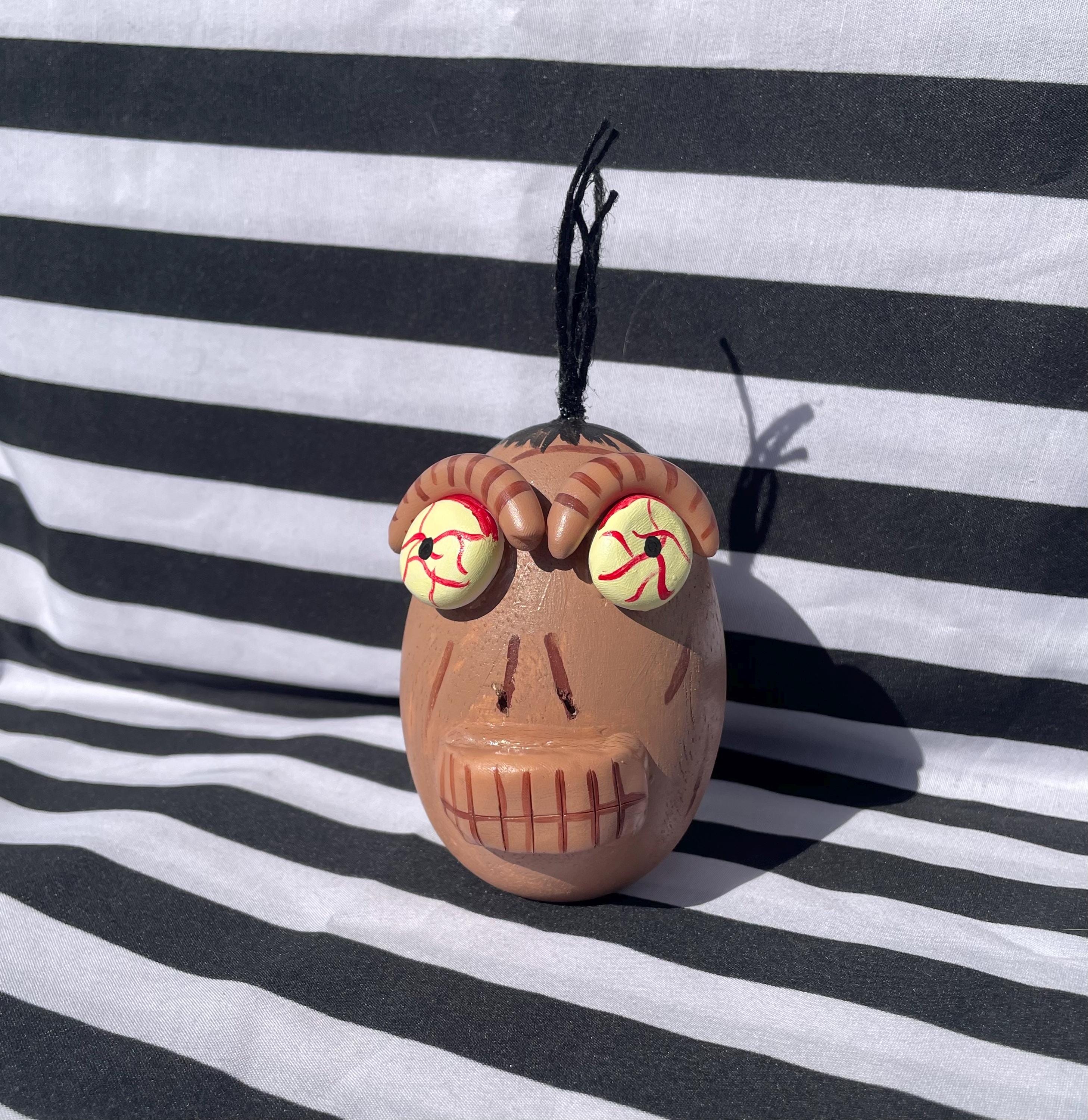 Shrunken head, wooden, Beetlejuice, Halloween, Bob,Clay sculpture