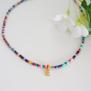 Seed Bead Necklace Multicolor Rainbow Beaded Necklace Gift for Girls Friendship Necklace Custom Gold Initial Charm Multiple Colors Available image 2