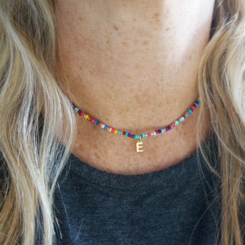 Seed Bead Necklace Multicolor Rainbow Beaded Necklace Gift for Girls Friendship Necklace Custom Gold Initial Charm Multiple Colors Available image 5