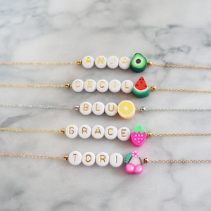 Personalized Clay Fruit Name Necklace: Beaded Stainless Steel Chain