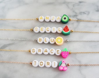Personalized Clay Fruit Name Necklace: Beaded Stainless Steel Chain