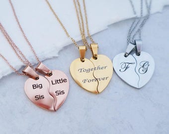 Half Heart DUAL Necklaces Engraved Heart Split Heart Best Friends Necklaces Mother Daughter Sisters SET Couples Jewelry Gift