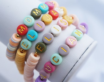 Personalized Name Bracelet: Colorful Heishi Clay Beads, Kids/Mama Gift